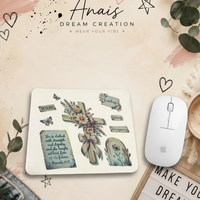 Custom mouse pad with a wireless mouse on the cream branded background