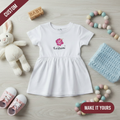 White baby dress with CUSTOM and MAKE IT YOURS labels