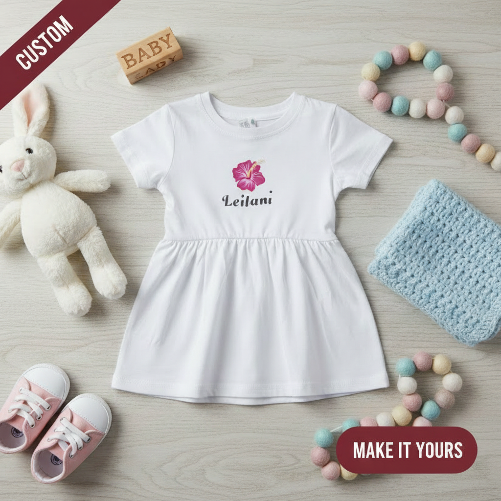 White baby dress with CUSTOM and MAKE IT YOURS labels