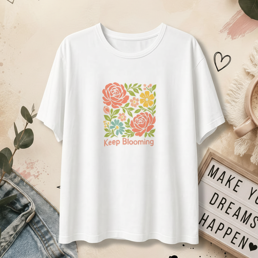 White Keep Blooming floral Tee displayed on an Anais Dream Creation branded background