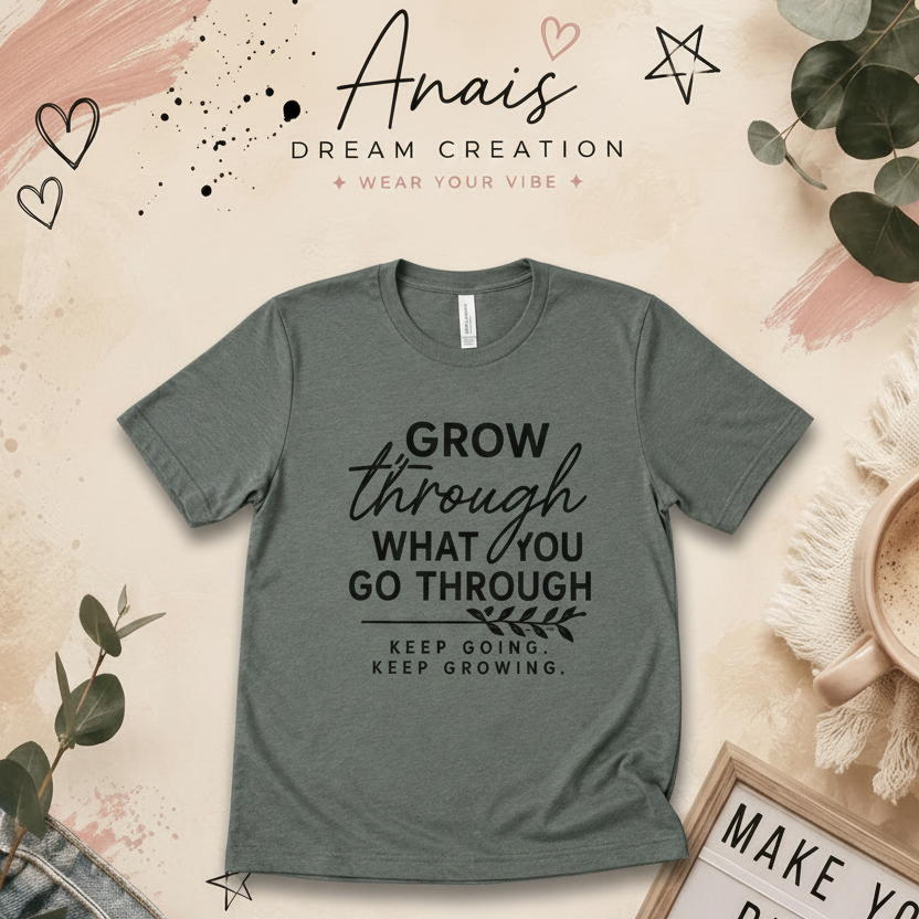 Gray Grow Through What You Go Through Tee displayed on an Anais Dream Creation branded background