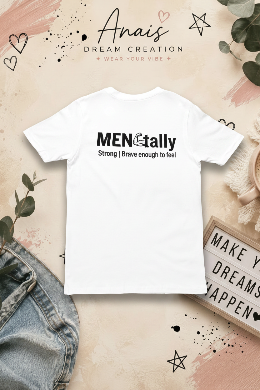 White Mentally Strong Tee displayed on an Anais Dream Creation branded background