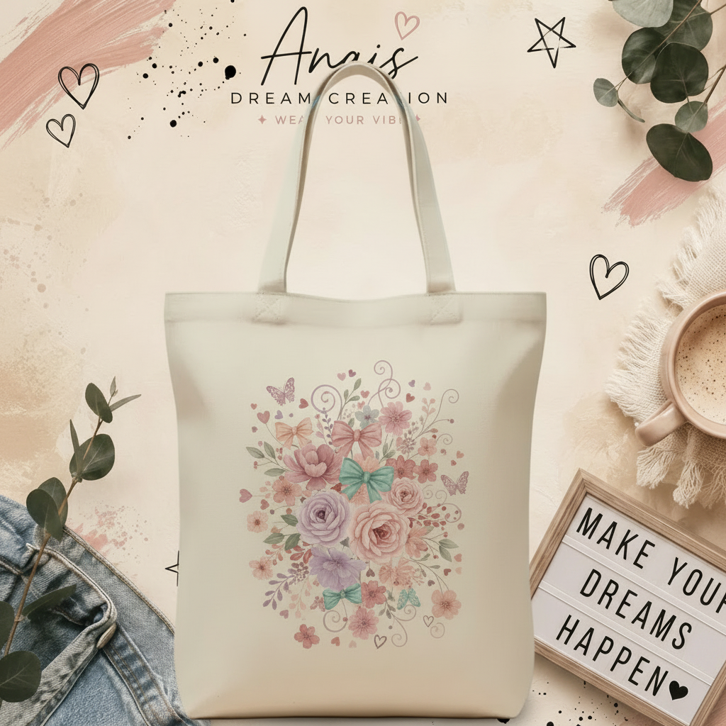 Square-ready cream canvas tote with feminine pastel floral and bow sublimation on an Anais Dream Creation branded background