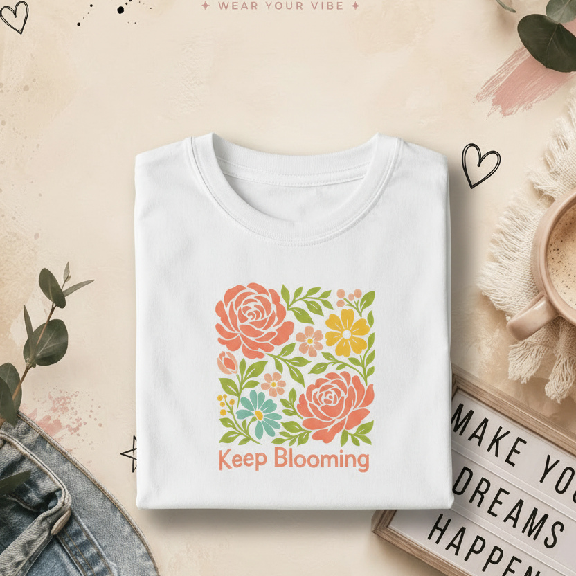 Keep Blooming folded tee on the branded background